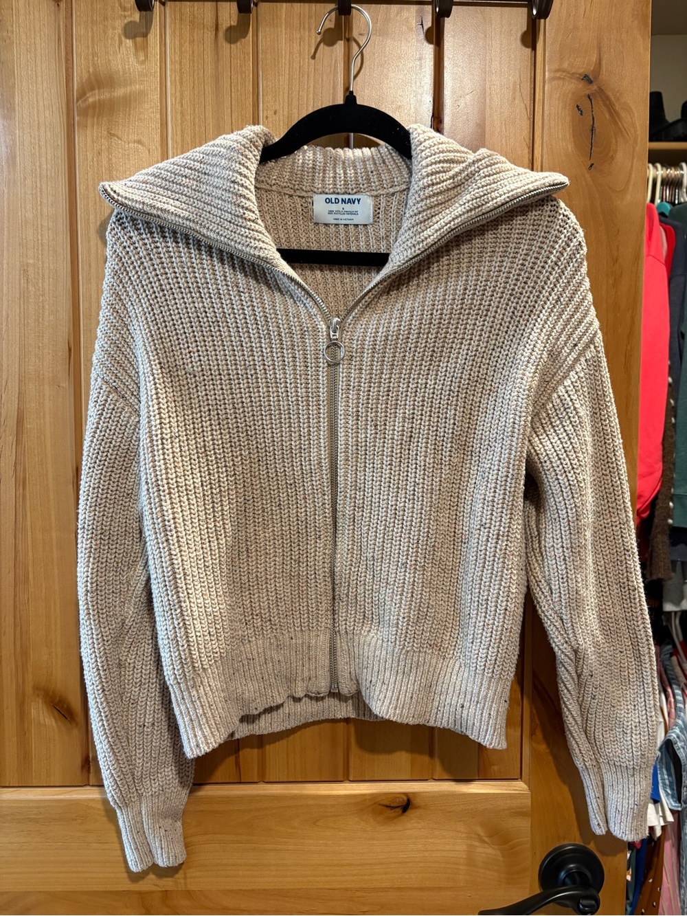 Old Navy Beige-Confetti Zip-Front Chunky Knit Sweater